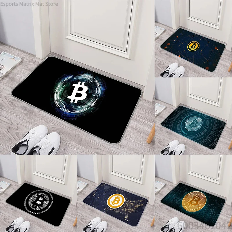 Office Tech Room - Cryptovaluta-deurmat met Bitcoin-patroon, technologisch geïnspireerd vloerkleed,